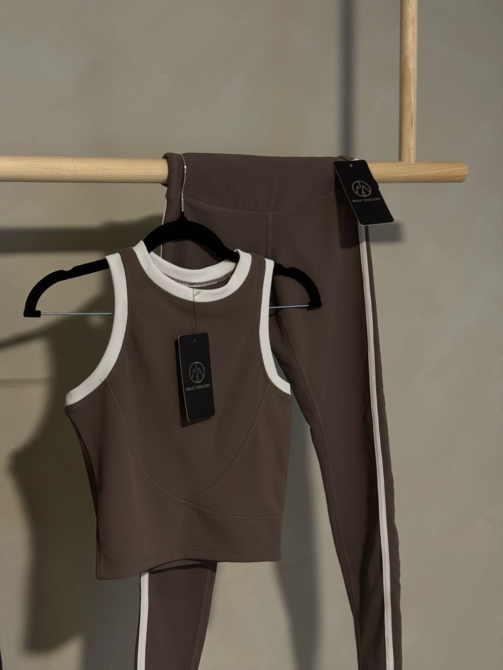Workout Set - Brown Tank & Legging Set with White Trim